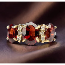 Load image into Gallery viewer, 10K Gold Natural Indian Garnet & Diamond Ring 2cttw Three Stone Ring Size 4.5