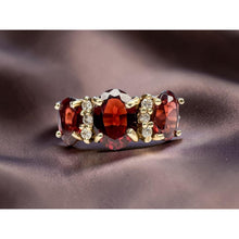 Load image into Gallery viewer, 10K Gold Natural Indian Garnet & Diamond Ring 2cttw Three Stone Ring Size 4.5