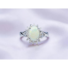Load image into Gallery viewer, 10K White Gold Natural Opal & Halo Diamond Ring Size 6- White Opal Ring -1.7g