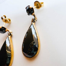 Load image into Gallery viewer, Vintage 10K Gold Faceted Round and Pear Cut Hematite Dangle Earrings Victorian Era Alaskan Black Diamond Dangle Earrings Temple of Amara Fine Jewelry Real Gold Earrings Antique Earrings Black Tie Event Anniversary Gift for Wife Gothic Earrings Gypsy