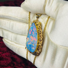 Load image into Gallery viewer, 10K Yellow Gold HUGE Australian Black Opal Necklace Brooch 14k Gold Chain 16 REAL solid GOLD 14kt 585 Gold Boulder Opal October Birthstone 14 karat Anniversary Gift for Wife Valentines Day Gift for Her Cloud Stone Blue Opal Doublet Temple of Amara