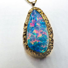 Load image into Gallery viewer, 10K Yellow Gold HUGE Australian Black Opal Necklace Brooch 14k Gold Chain 16 REAL solid GOLD 14kt 585 Gold Boulder Opal October Birthstone 14 karat Anniversary Gift for Wife Valentines Day Gift for Her Cloud Stone Blue Opal Doublet Temple of Amara