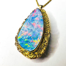 Load image into Gallery viewer, 10K Yellow Gold HUGE Australian Black Opal Necklace Brooch 14k Gold Chain 16 REAL solid GOLD 14kt 585 Gold Boulder Opal October Birthstone 14 karat Anniversary Gift for Wife Valentines Day Gift for Her Cloud Stone Blue Opal Doublet Temple of Amara