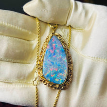 Load image into Gallery viewer, 10K Yellow Gold HUGE Australian Black Opal Necklace Brooch 14k Gold Chain 16 REAL solid GOLD 14kt 585 Gold Boulder Opal October Birthstone 14 karat Anniversary Gift for Wife Valentines Day Gift for Her Cloud Stone Blue Opal Doublet Temple of Amara