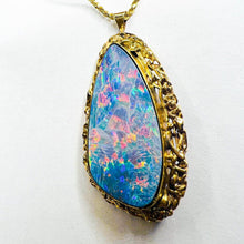 Load image into Gallery viewer, 10K Yellow Gold HUGE Australian Black Opal Necklace Brooch 14k Gold Chain 16 REAL solid GOLD 14kt 585 Gold Boulder Opal October Birthstone 14 karat Anniversary Gift for Wife Valentines Day Gift for Her Cloud Stone Blue Opal Doublet Temple of Amara