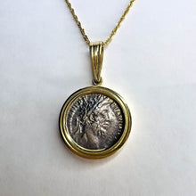 Load image into Gallery viewer, Roman Coin Necklace - 14K Yellow Gold Bezel Set Ancient Silver Emperor Commodus Pendant - 177-192 AD - 18 Inch Chain Antique Fine Jewelry