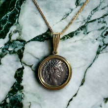 Load image into Gallery viewer, Roman Coin Necklace - 14K Yellow Gold Bezel Set Ancient Silver Emperor Commodus Pendant - 177-192 AD - 18 Inch Chain Antique Fine Jewelry