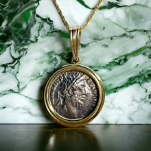 Load image into Gallery viewer, Roman Coin Necklace - 14K Yellow Gold Bezel Set Ancient Silver Emperor Commodus Pendant - 177-192 AD - 18 Inch Chain Antique Fine Jewelry