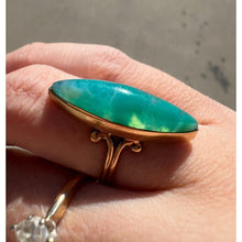 Load image into Gallery viewer, Chrysoprase Navette Ring - Antique Victorian 10K Yellow Gold Green Chalcedony Bezel Set - Size 6 Estate Gemstone Fine Jewelry