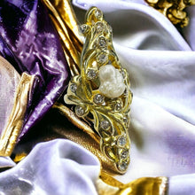 Load image into Gallery viewer, Baroque Pearl Old Mine Diamond Ring - Antique Victorian Art Nouveau 14K Yellow Gold 1ct TW Diamonds - Size 6.5 - 9.9g Estate Fine Jewelry