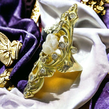 Load image into Gallery viewer, Baroque Pearl Old Mine Diamond Ring - Antique Victorian Art Nouveau 14K Yellow Gold 1ct TW Diamonds - Size 6.5 - 9.9g Estate Fine Jewelry