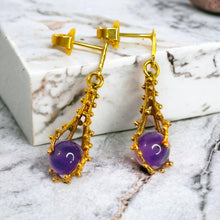 Load image into Gallery viewer, Antique Brutalist Amethyst Dangle Earrings - 14K Yellow Gold 6CTW Spherical Estate - Franz Breuning Designer Circa 1920 - 4.3g Fine Jewelry