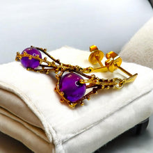 Load image into Gallery viewer, Antique Brutalist Amethyst Dangle Earrings - 14K Yellow Gold 6CTW Spherical Estate - Franz Breuning Designer Circa 1920 - 4.3g Fine Jewelry