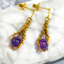 Load image into Gallery viewer, Antique Brutalist Amethyst Dangle Earrings - 14K Yellow Gold 6CTW Spherical Estate - Franz Breuning Designer Circa 1920 - 4.3g Fine Jewelry