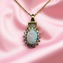 Load image into Gallery viewer, 10K Gold - Opal & Halo Diamond Necklace -20" -Oval Cabochon Round Baguette Cut Diamonds-1.5g Rainbow Opal Necklace -October Birthstone