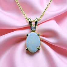 Load image into Gallery viewer, Australian Opal Diamond Necklace - Vintage 10K Yellow Gold Oval White Opal Cabochon Diamond Accent - 18" Chain - October Fine Jewelry