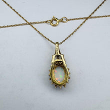 Load image into Gallery viewer, Opal Diamond Halo Necklace - Vintage 10K Yellow Gold Oval Opal Round & Baguette Diamonds - 19" Chain - October Birthstone Fine Jewelry
