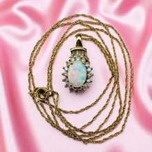 Load image into Gallery viewer, Opal Diamond Halo Necklace - Vintage 10K Yellow Gold Oval Opal Round & Baguette Diamonds - 19" Chain - October Birthstone Fine Jewelry
