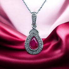 Load image into Gallery viewer, 10K Gold- Natural Burmese Ruby Halo Diamond Necklace -18"-1CT T.W. -White Gold -Pear Cut -2.6g July Birthstone - Anniversary Gift for Wife