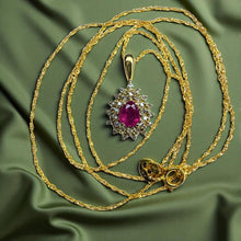 Load image into Gallery viewer, Burmese Ruby Diamond Halo Necklace - Vintage 14K Yellow Gold 2/3CT Pear Cut Earth Mined Ruby Teardrop Pendant - 20 Inch Chain Fine Jewelry
