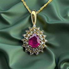 Load image into Gallery viewer, Burmese Ruby Diamond Halo Necklace - Vintage 14K Yellow Gold 2/3CT Pear Cut Earth Mined Ruby Teardrop Pendant - 20 Inch Chain Fine Jewelry