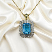Load image into Gallery viewer, Blue Topaz & Natural Diamond Necklace in 10K Yellow Gold -18" - Double Halo Diamond Necklace 3.1g December Birthstone Anniversary Gift Wife
