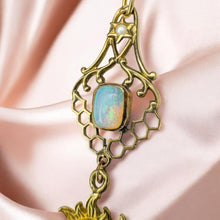 Load image into Gallery viewer, Victorian Opal Seed Pearl Lavalier Necklace - Antique Art Nouveau 10K Yellow Gold Baroque Sun Charm - 18" Chain - 2.1g Estate Fine Jewelry