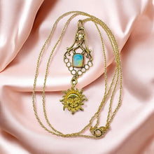 Load image into Gallery viewer, Victorian Opal Seed Pearl Lavalier Necklace - Antique Art Nouveau 10K Yellow Gold Baroque Sun Charm - 18" Chain - 2.1g Estate Fine Jewelry