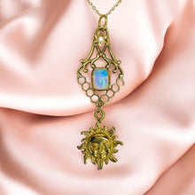 Load image into Gallery viewer, Victorian Opal Seed Pearl Lavalier Necklace - Antique Art Nouveau 10K Yellow Gold Baroque Sun Charm - 18" Chain - 2.1g Estate Fine Jewelry