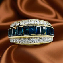 Load image into Gallery viewer, Estate Blue Sapphire & Diamond Ring - 14K Yellow Gold Earth Mined Channel Set 2CTW Pave Diamond Size 7 - 4.4g September Fine Jewelry