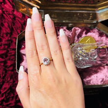 Load image into Gallery viewer, Rose De France Amethyst Halo Ring - 10K Yellow Gold Pink Amethyst 1.50CT Oval Cut Size 8.25 - 2.4g February Birthstone Fine Jewelry