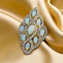 Load image into Gallery viewer, Australian Opal & Diamond Cocktail Ring - 10K Yellow Gold Cluster Navette Natural White Opal Size 7 - 4.2g October Birthstone Fine Jewelry