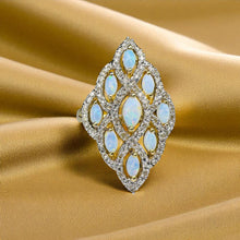 Load image into Gallery viewer, Australian Opal & Diamond Cocktail Ring - 10K Yellow Gold Cluster Navette Natural White Opal Size 7 - 4.2g October Birthstone Fine Jewelry