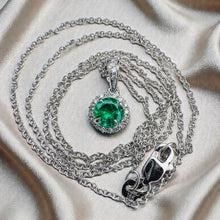 Load image into Gallery viewer, Colombian Emerald & Diamond Halo Necklace - 18K White Gold Round Cut Estate Pendant - 18 Inch - 2.6g May Birthstone Fine Jewelry