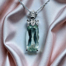 Load image into Gallery viewer, Prasiolite & Diamond Necklace - 14K White Gold Green Amethyst 3CT Emerald Cut Solitaire - 18 Inch Chain - Diamond Accents Fine Jewelry