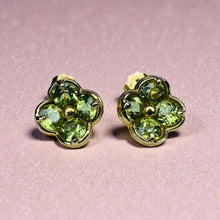 Load image into Gallery viewer, ESTATE- 14K Yellow Gold- Natural Peridot Earrings - 1.25CT -Four Leaf Clover Earrings Flower Studs Quatrefoil Earrings- 2.5g Earth Mined