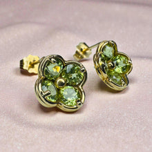 Load image into Gallery viewer, Peridot Quatrefoil Earrings - Estate 14K Yellow Gold Four Leaf Clover Flower Cluster Green Studs - 1.25ct August Birthstone Fine Jewelry