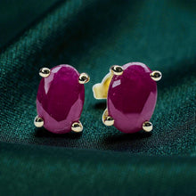 Load image into Gallery viewer, Burmese Ruby Stud Earrings - Vintage 14K Yellow Gold Oval 1.25cttw Natural 6x4mm - July Birthstone Anniversary Fine Jewelry