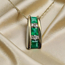 Load image into Gallery viewer, Colombian Emerald Diamond Necklace - Vintage 10K Yellow Gold Princess Square Cut 3/4cttw Tension Bar - 18 Inch May Birthstone Fine Jewelry