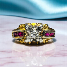 Load image into Gallery viewer, Ruby Old Mine Diamond Ring - Antique Edwardian 14K Two-Tone Gold - Size 7.25 - Circa 1910s .25cttw Ruby Ring Burmese Ruby Fine Jewelry