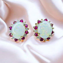 Load image into Gallery viewer, Opal Ruby Diamond Earrings - Vintage Circa 1960's 14K Yellow Gold Cabochon Halo Stud - 14.5mm 4cttw October July Birthstone Fine Jewelry