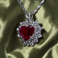 Load image into Gallery viewer, 14K White Gold- Natural Ruby & Diamond Necklace -18"- 4.5cttw -Heart Cut Ruby Double Halo-4.9g -July Birthstone -Pigeons Blood Ruby Necklace