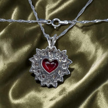 Load image into Gallery viewer, Ruby Diamond Necklace - Vintage 14K White Gold Heart Cut 3ct Pigeon Blood Ruby Double Halo - 18 Inch 4.5cttw July Birthstone Fine Jewelry