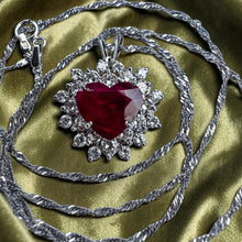 Load image into Gallery viewer, Ruby Diamond Necklace - Vintage 14K White Gold Heart Cut 3ct Pigeon Blood Ruby Double Halo - 18 Inch 4.5cttw July Birthstone Fine Jewelry