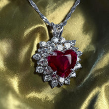 Load image into Gallery viewer, Ruby Diamond Necklace - Vintage 14K White Gold Heart Cut 3ct Pigeon Blood Ruby Double Halo - 18 Inch 4.5cttw July Birthstone Fine Jewelry