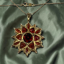 Load image into Gallery viewer, Garnet Cluster Necklace - Vintage 10K Yellow Gold 10ct Natural Indian Garnet Bohemian Halo Pendant - 19 Inch January Birthstone Fine Jewelry