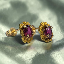 Load image into Gallery viewer, Ruby Gold Nugget Earrings - Antique Victorian 14K Yellow Gold 22K Alaskan Nugget Stud - 1/2ct Natural Oval Ruby Gold Rush Era Fine Jewelry