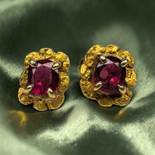 Load image into Gallery viewer, ANTIQUE- 14K Gold Natural Ruby Earrings -22k Gold Alaskan Gold Nugget -Dainty Studs -1.2g Victorian Era Gold Rush Jewelry -ca.1800's
