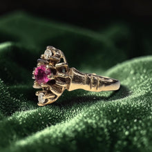 Load image into Gallery viewer, Burmese Ruby Old Mine Diamond Navette Ring - Antique Victorian 14K Yellow Gold Three Stone Carved Setting Circa 1890s Size 5.75 Fine Jewelry