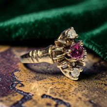 Load image into Gallery viewer, Burmese Ruby Old Mine Diamond Navette Ring - Antique Victorian 14K Yellow Gold Three Stone Carved Setting Circa 1890s Size 5.75 Fine Jewelry